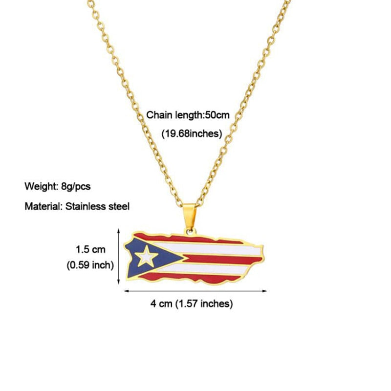 Puerto Rico Map Flag Pendant Necklaces Stainless Steel Spanish Jewelry