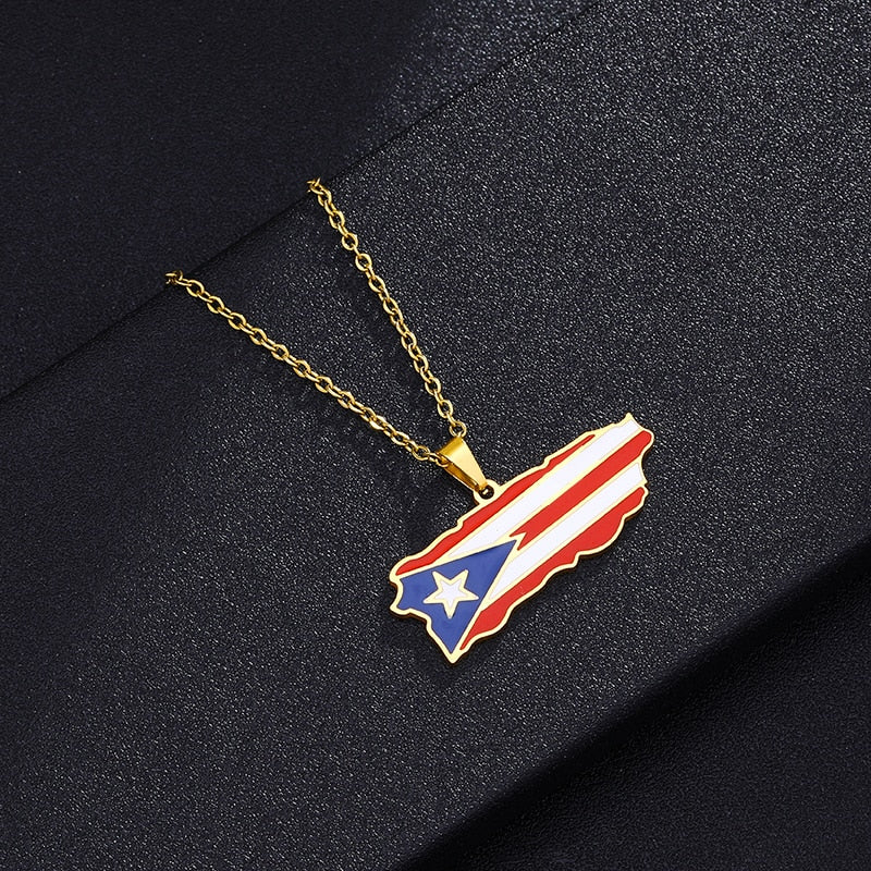 Puerto Rico Map Flag Pendant Necklaces Stainless Steel Spanish Jewelry