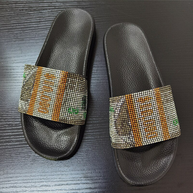 Women's Dollar Rhinestone Slippers Slides Bling Shoes