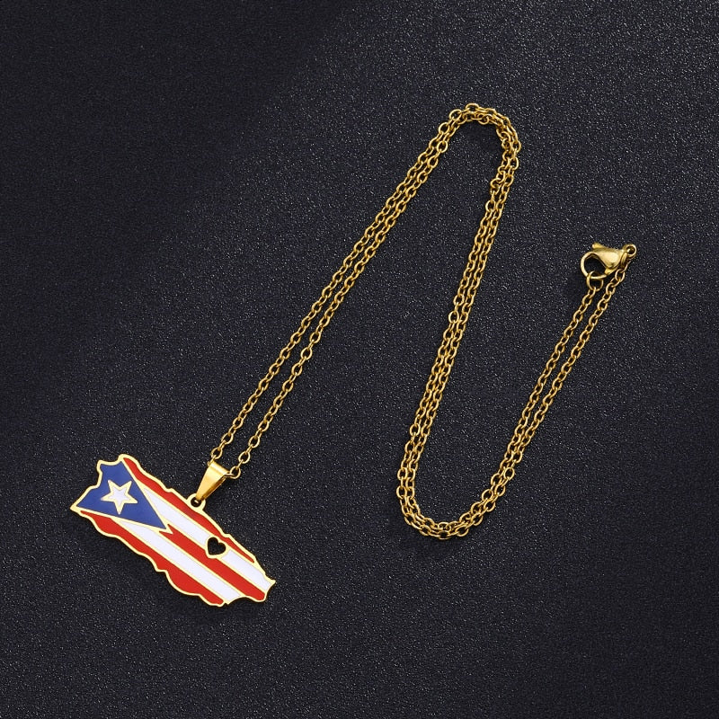 Puerto Rico Map Flag Pendant Necklaces Stainless Steel Spanish Jewelry