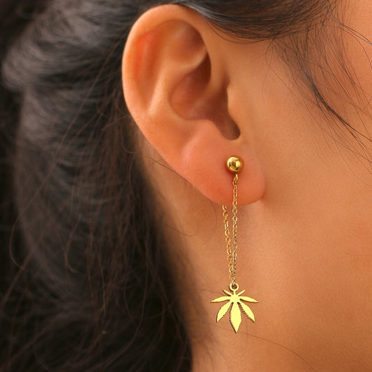 Stainless Steel Earrings Chain Weed Leaf Back Hanging Drop Earrings Jewelry