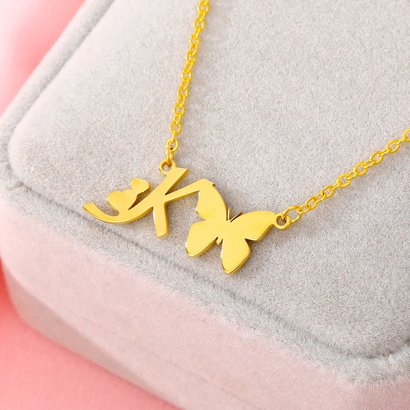 Butterfly Initial Necklace Jewelry Stainless Steel