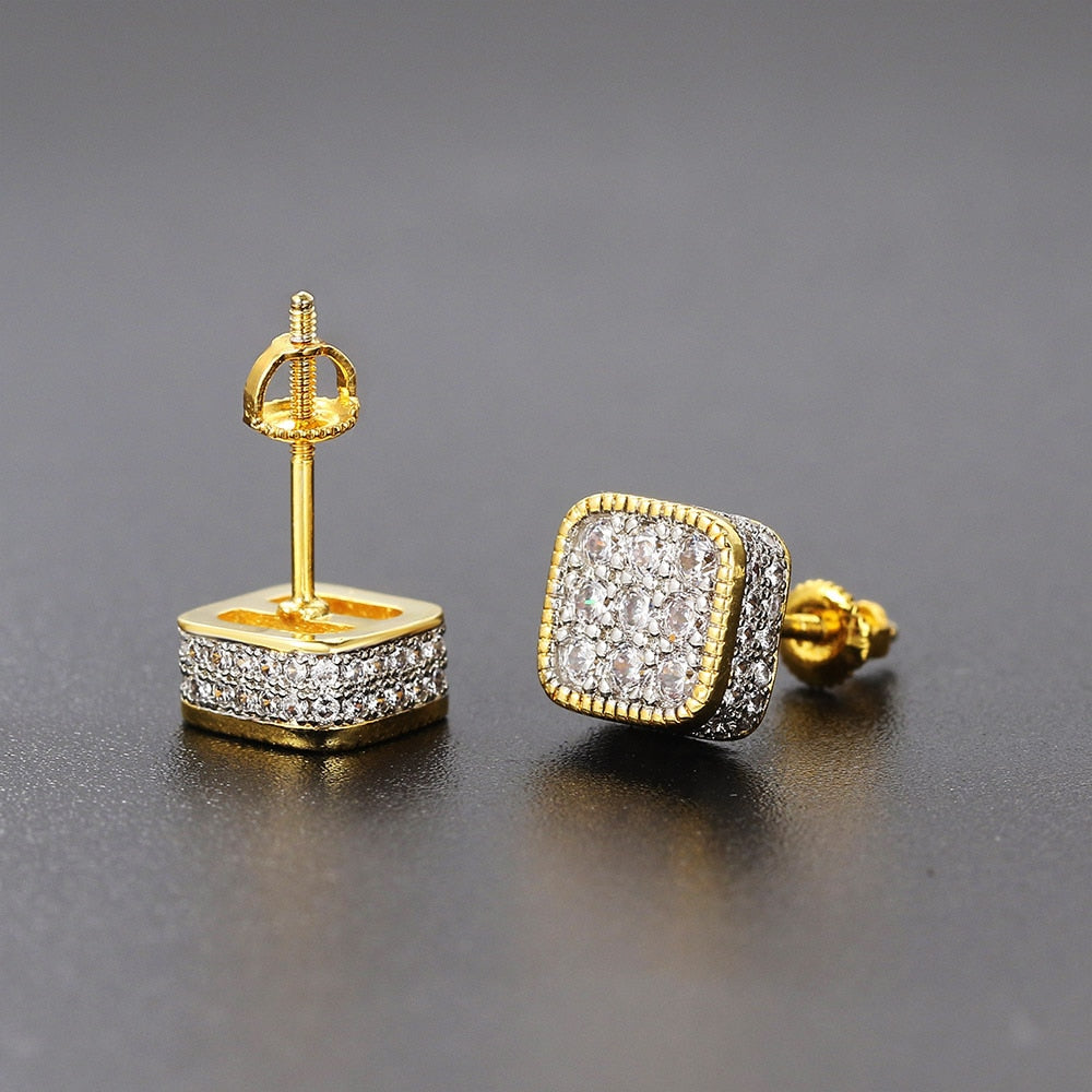 Rounded Square Stud Earrings for Men Hip Hop Iced Out Zirconia Jewelry