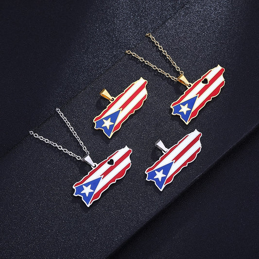 Puerto Rico Map Flag Pendant Necklaces Stainless Steel Spanish Jewelry