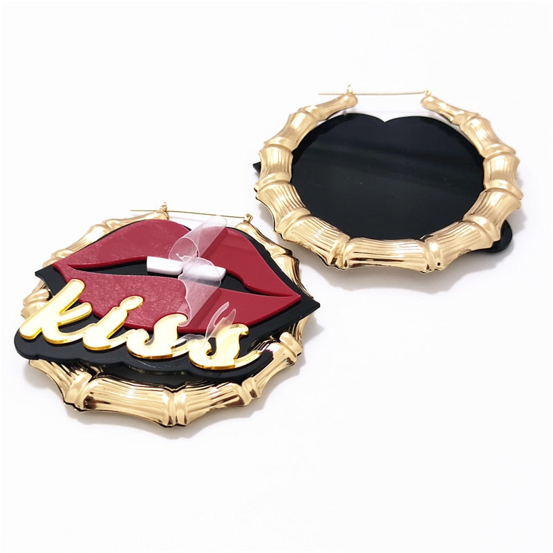 Kiss Lips Big Bamboo Hoop Earrings Jewelry
