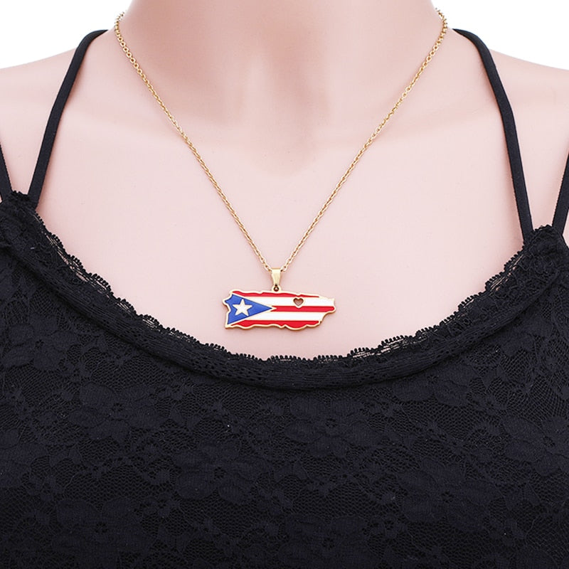 Puerto Rico Map Flag Pendant Necklaces Stainless Steel Spanish Jewelry