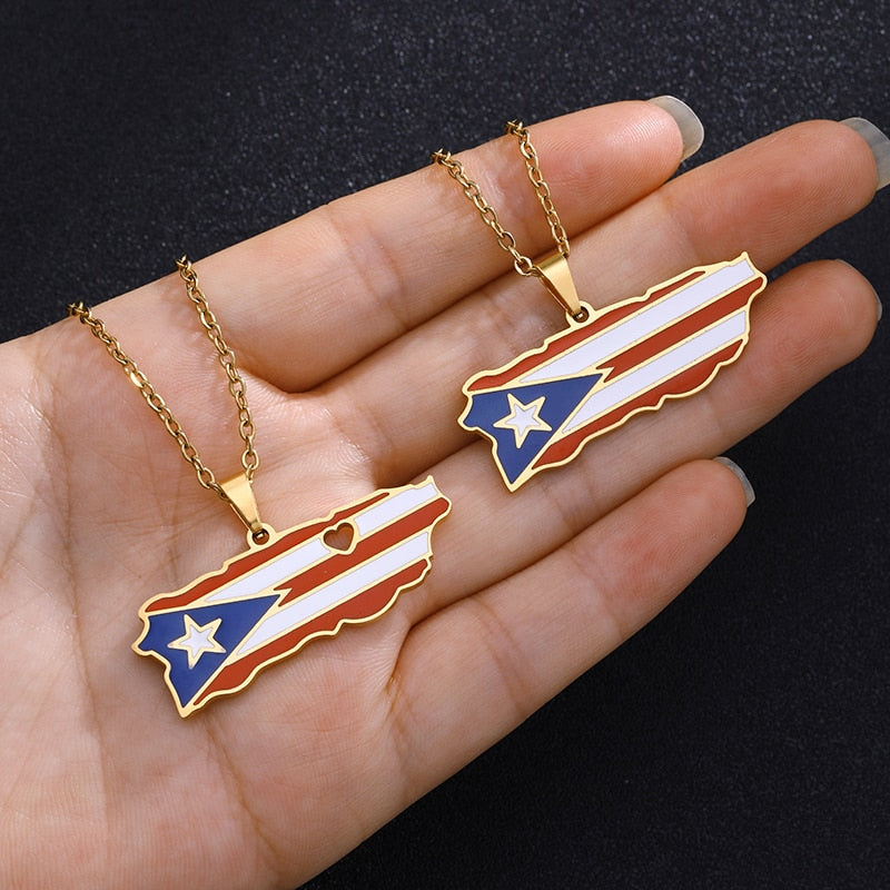 Puerto Rico Map Flag Pendant Necklaces Stainless Steel Spanish Jewelry