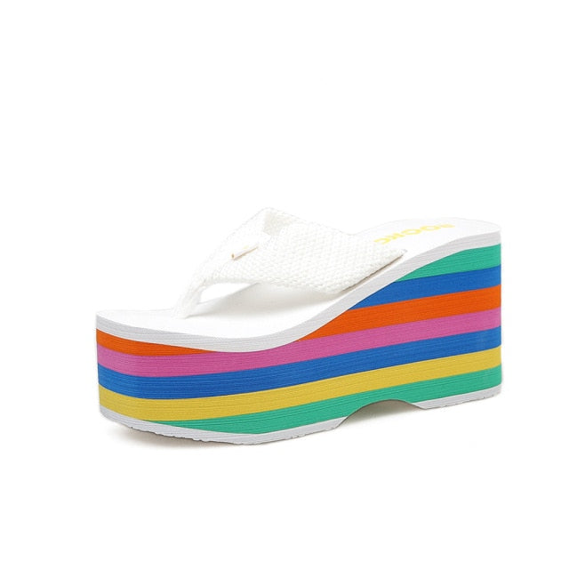 Rainbow Thick Wedge Flip Flop Women Summer Slides