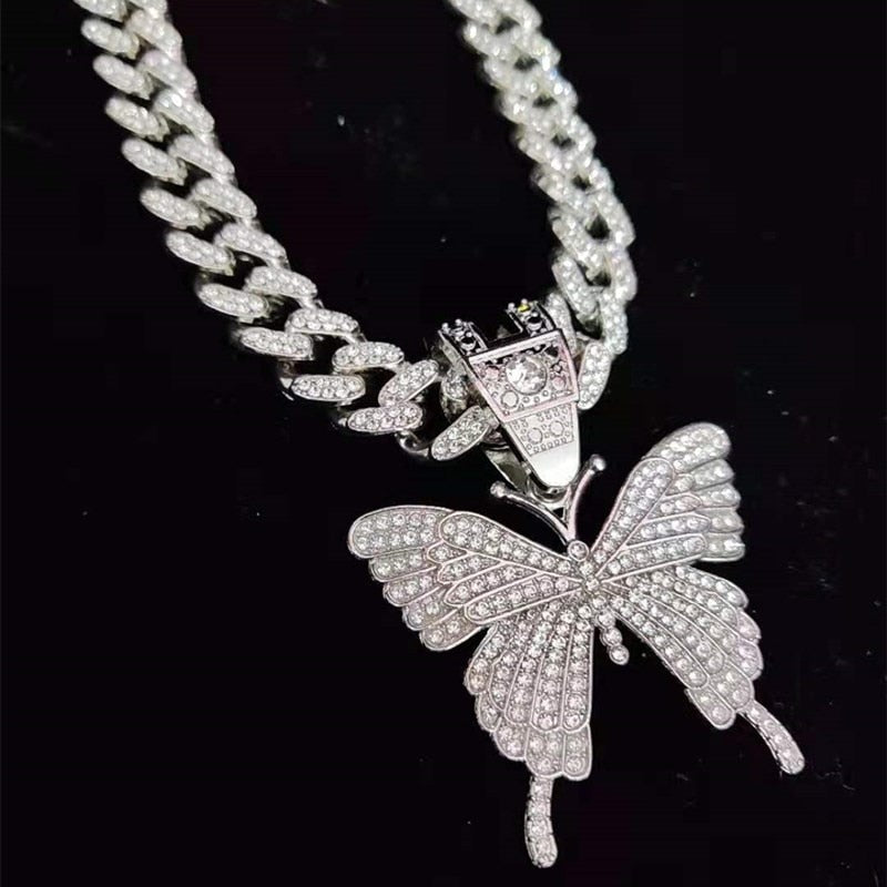 Butterfly Iced Out Pendant Necklace Cuban Chain  Necklaces Jewelry