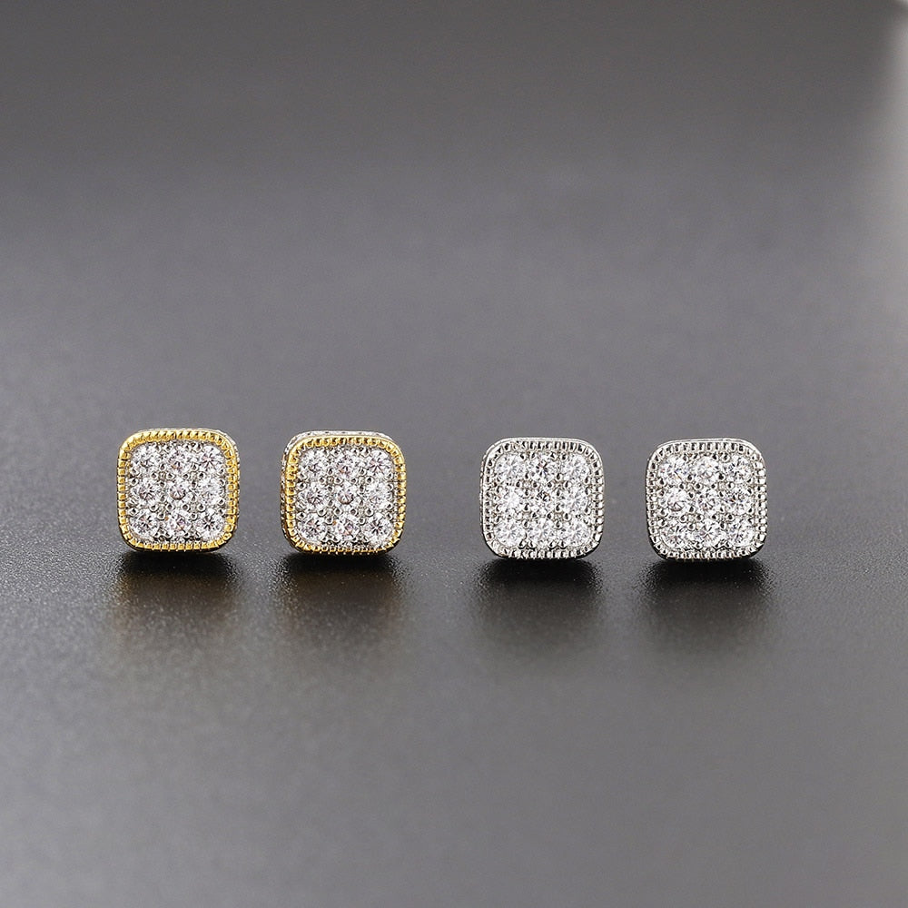 Rounded Square Stud Earrings for Men Hip Hop Iced Out Zirconia Jewelry