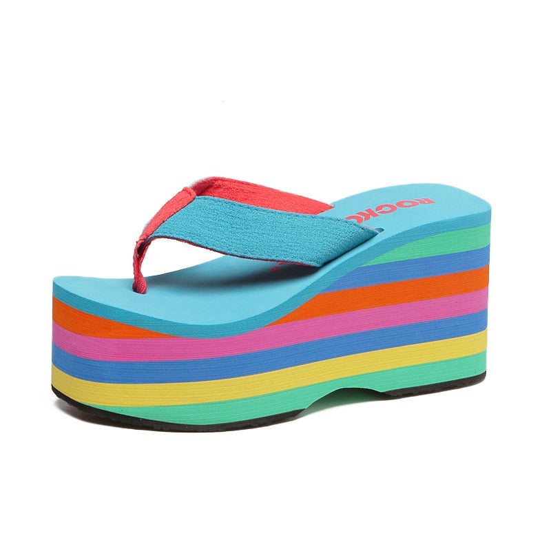 Rainbow Thick Wedge Flip Flop Women Summer Slides