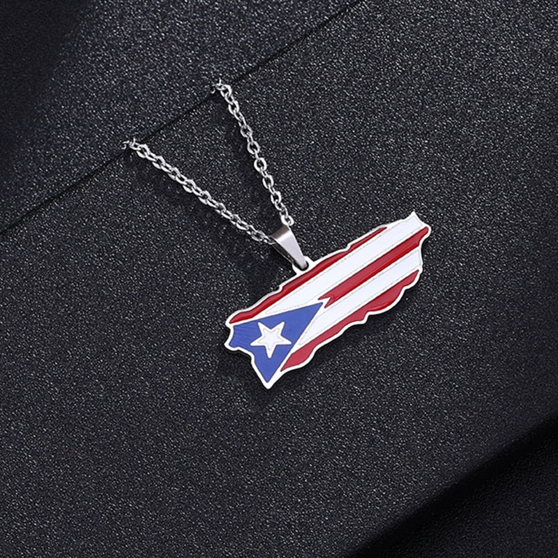 Puerto Rico Map Flag Pendant Necklaces Stainless Steel Spanish Jewelry