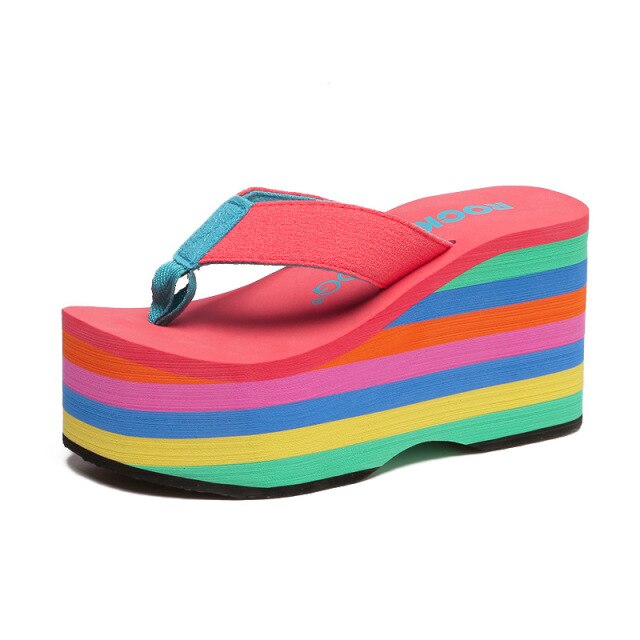 Rainbow Thick Wedge Flip Flop Women Summer Slides