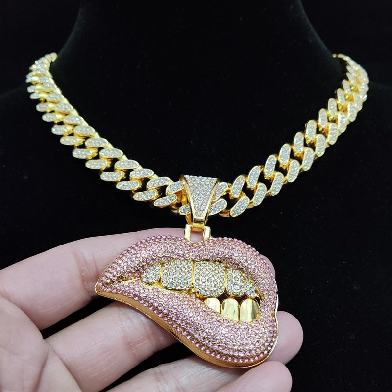 Bite Lip Shape with 13mm Crystal Cuban Thin Or Thick Chain Gold Or Silver Jewelry