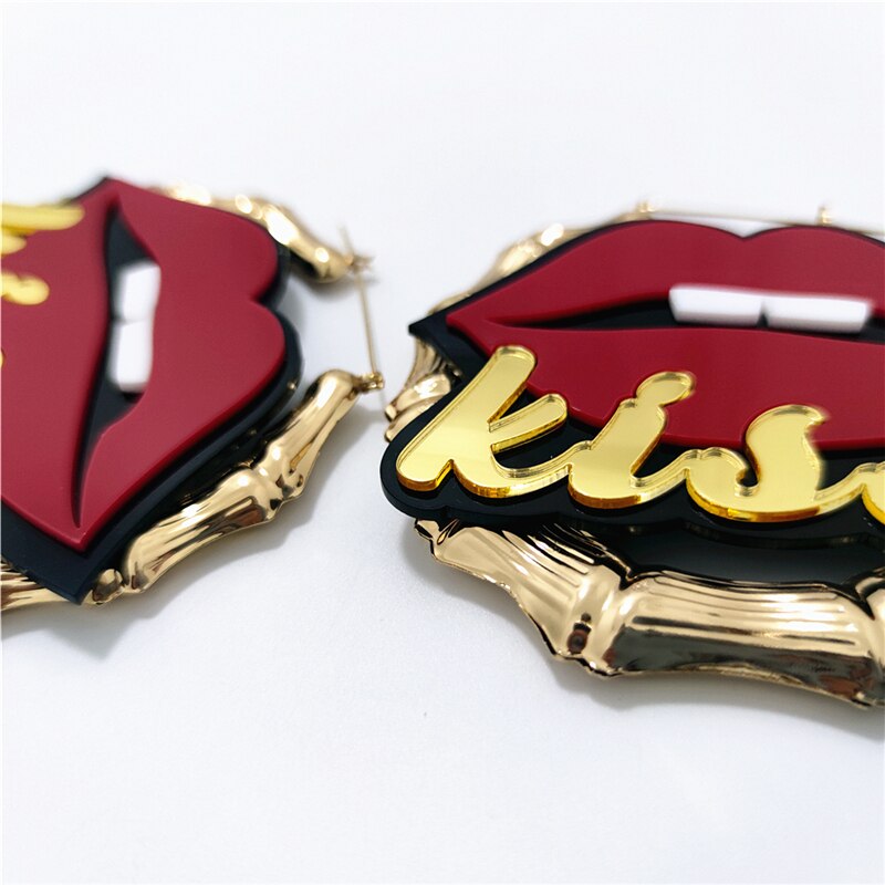 Kiss Lips Big Bamboo Hoop Earrings Jewelry
