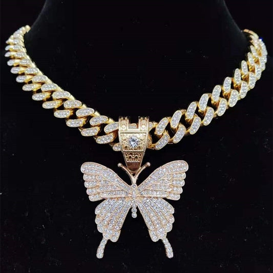 Butterfly Iced Out Pendant Necklace Cuban Chain  Necklaces Jewelry