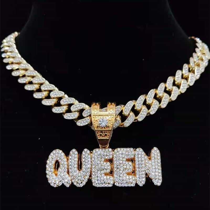 KING & QUEEN Necklace with 13mm Cuban Chain Iced Out Necklaces Jewelry