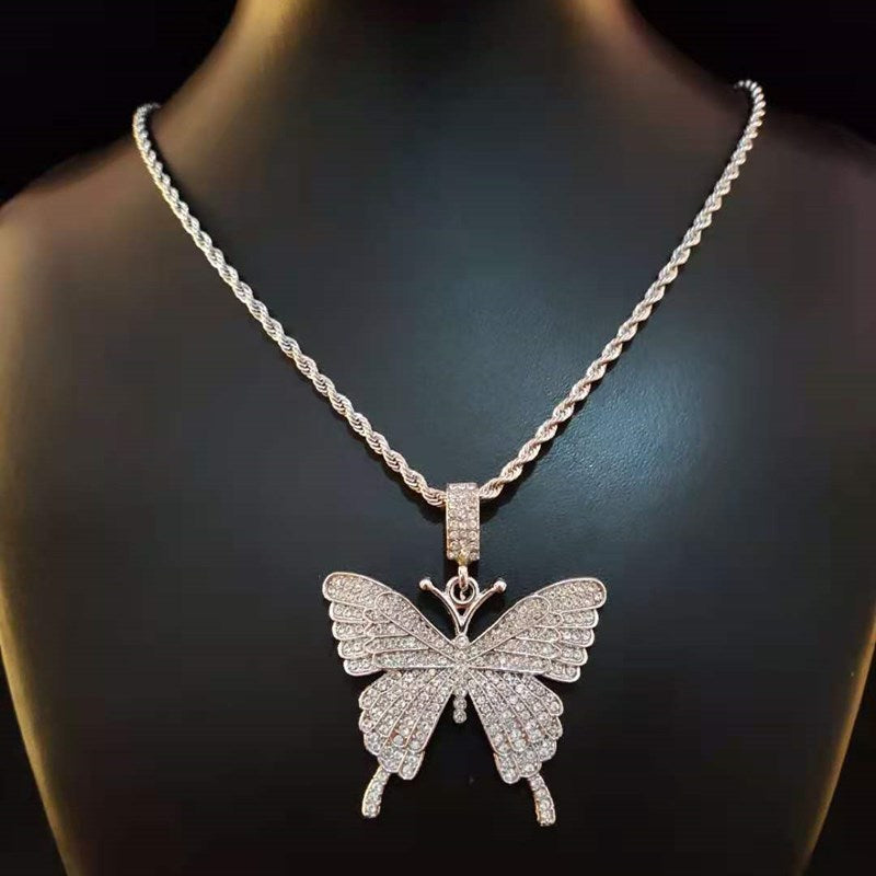 Butterfly Iced Out Pendant Necklace Cuban Chain  Necklaces Jewelry