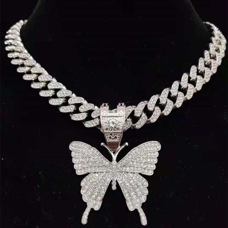 Butterfly Iced Out Pendant Necklace Cuban Chain  Necklaces Jewelry