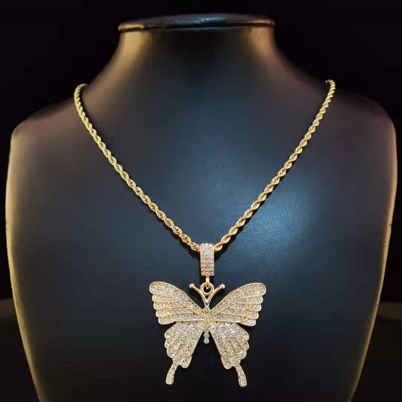 Butterfly Iced Out Pendant Necklace Cuban Chain  Necklaces Jewelry