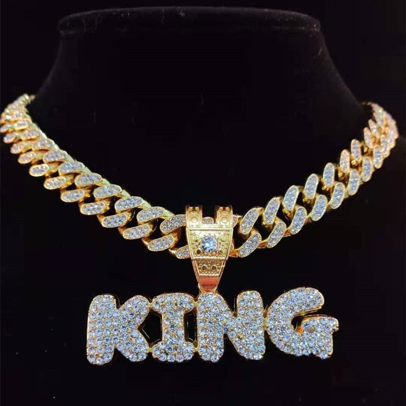 KING & QUEEN Necklace with 13mm Cuban Chain Iced Out Necklaces Jewelry