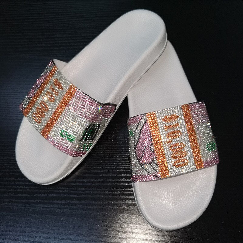 Women's Dollar Rhinestone Slippers Slides Bling Shoes