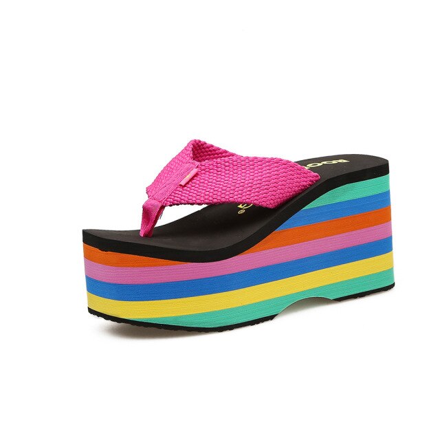 Rainbow Thick Wedge Flip Flop Women Summer Slides