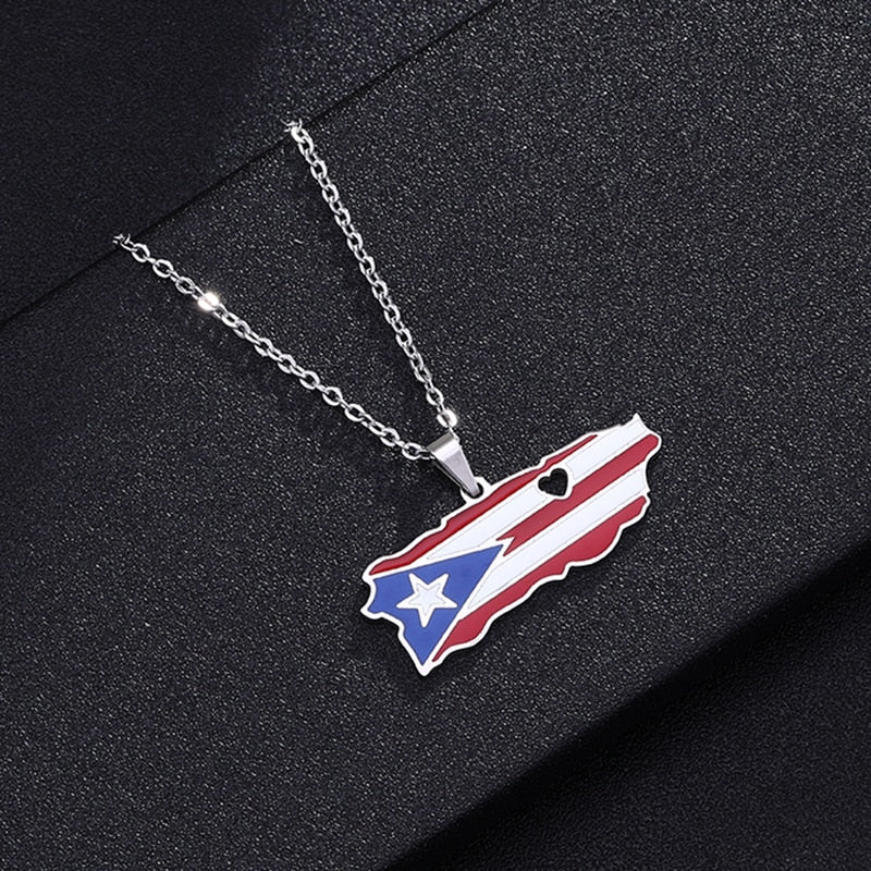 Puerto Rico Map Flag Pendant Necklaces Stainless Steel Spanish Jewelry