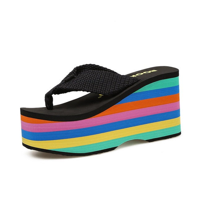 Rainbow Thick Wedge Flip Flop Women Summer Slides