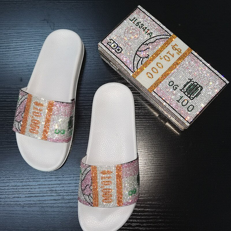 Women's Dollar Rhinestone Slippers Slides Bling Shoes