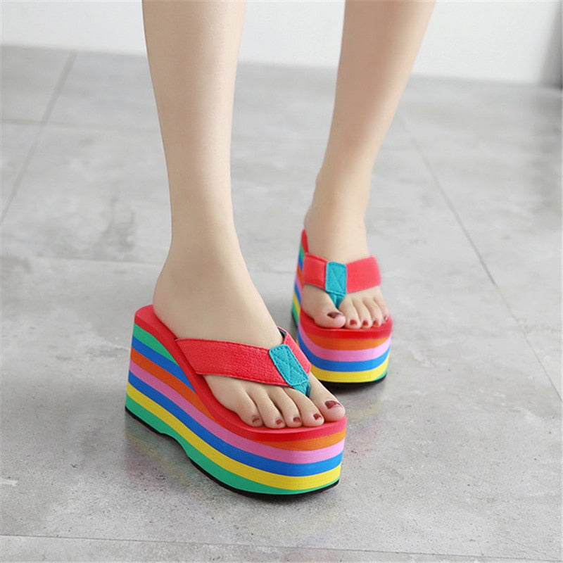 Rainbow Thick Wedge Flip Flop Women Summer Slides