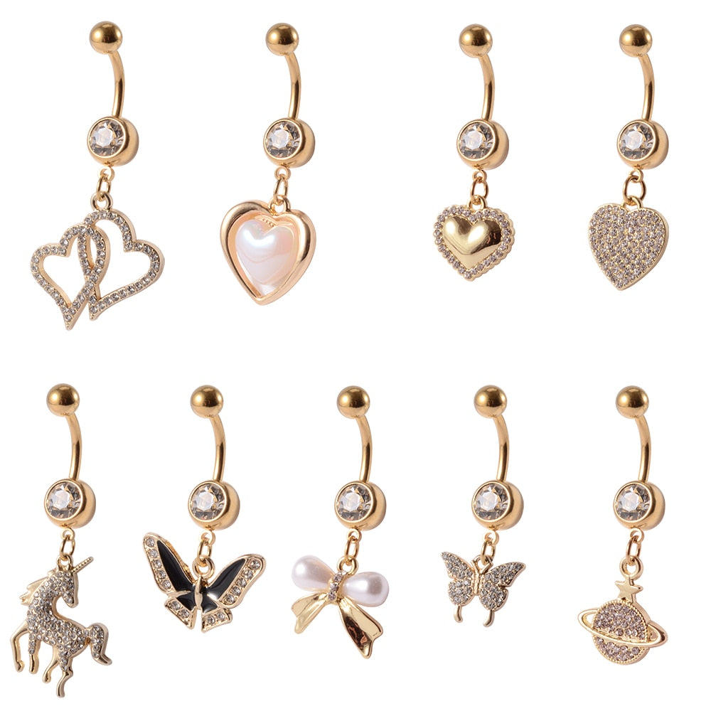 Gold Navel Piercings Dangling Belly Button Rings Body Jewelry