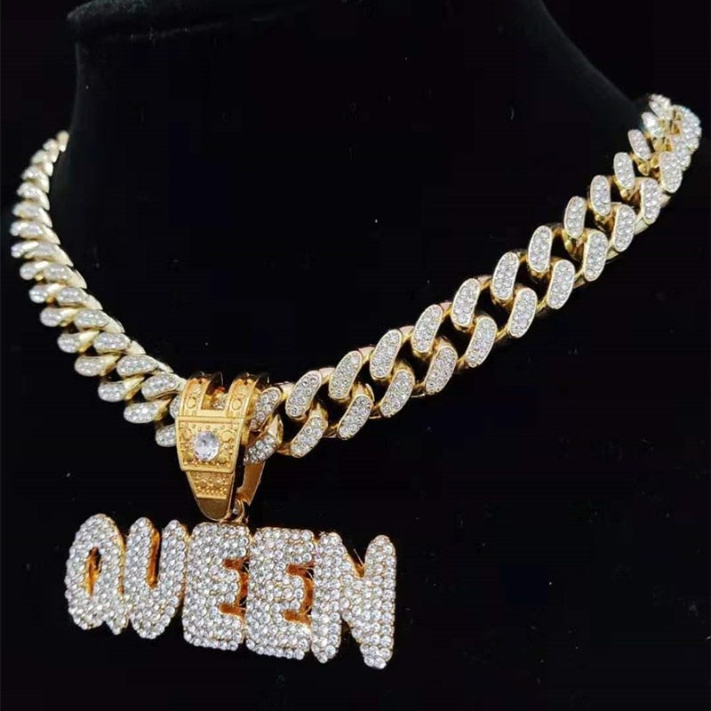 KING & QUEEN Necklace with 13mm Cuban Chain Iced Out Necklaces Jewelry