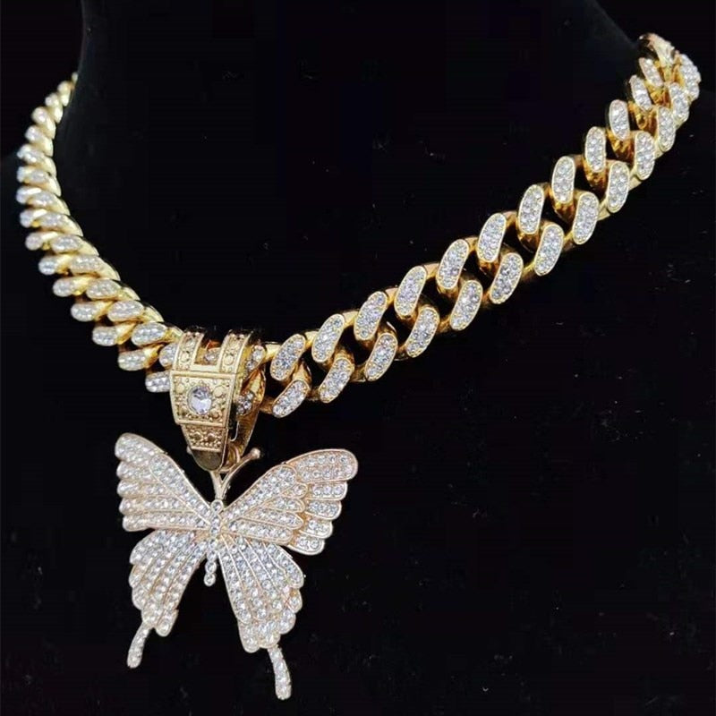 Butterfly Iced Out Pendant Necklace Cuban Chain  Necklaces Jewelry