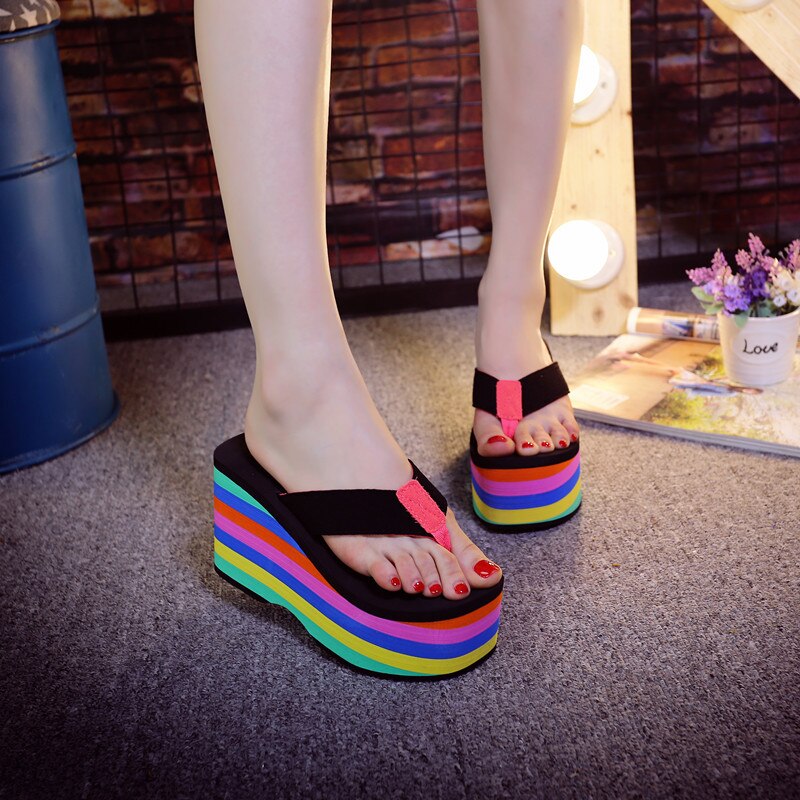 Rainbow Thick Wedge Flip Flop Women Summer Slides