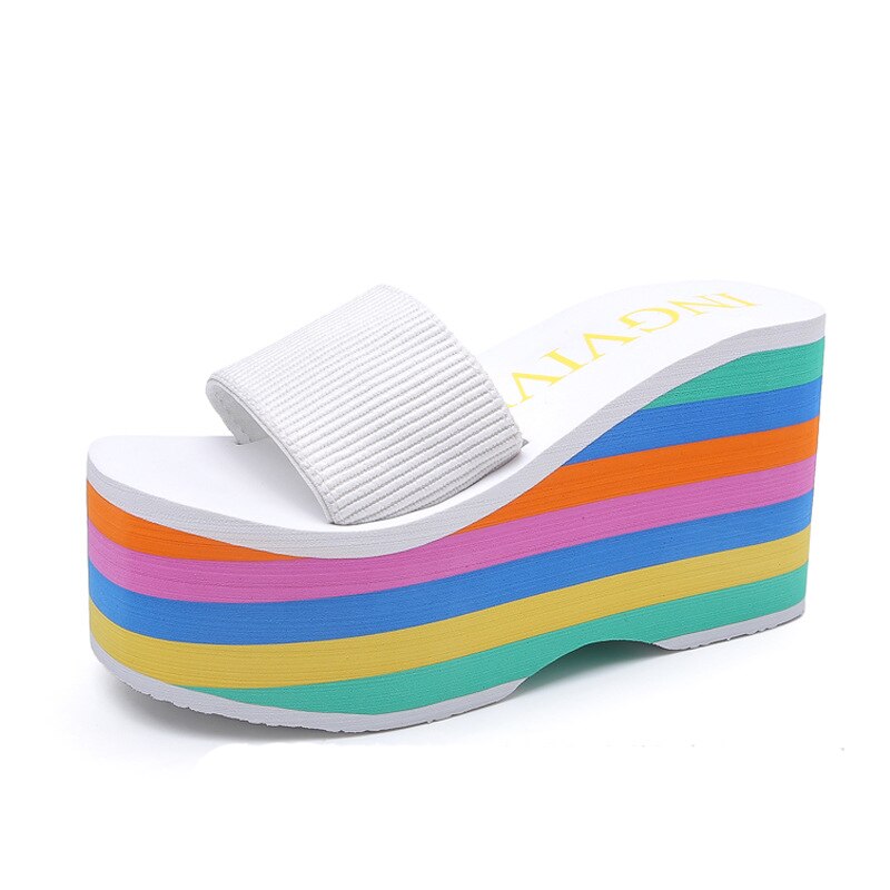 Rainbow Thick Wedge Flip Flop Women Summer Slides