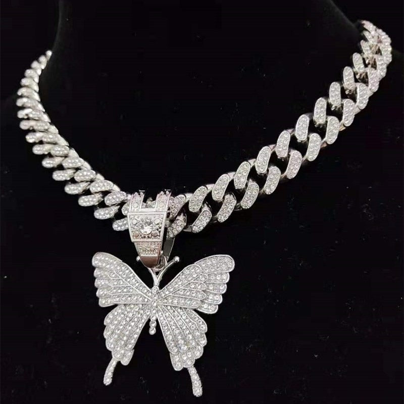 Butterfly Iced Out Pendant Necklace Cuban Chain  Necklaces Jewelry