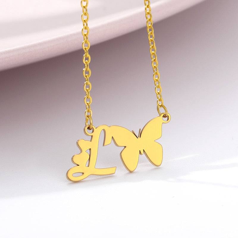 Butterfly Initial Necklace Jewelry Stainless Steel