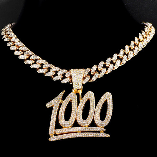 Iced Out 1000 Number Rhinestone Pendant Necklace Jewelry