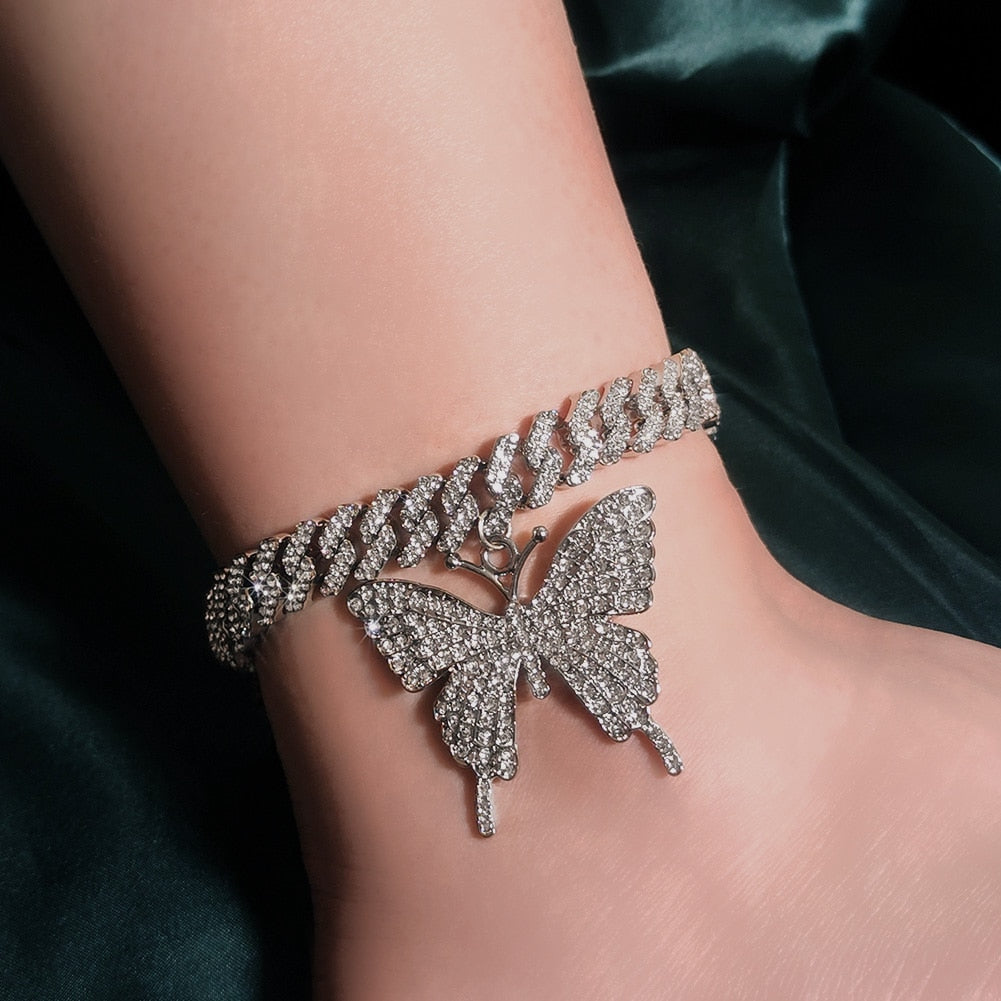 Butterfly Bling Iced Out Cuban Chain Anklet Butterfly Pendant Ankle Bracelet Jewelry
