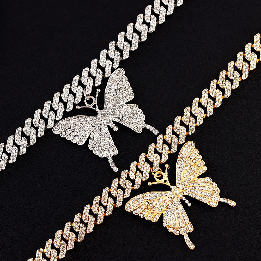 Butterfly Bling Iced Out Cuban Chain Anklet Butterfly Pendant Ankle Bracelet Jewelry