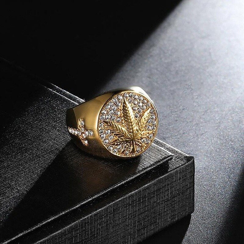 Carved Golden Leaf Rings for Men Jewelry