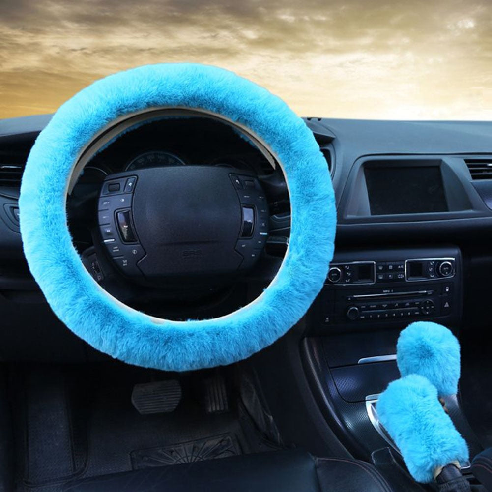 Universal Plush Car Steering Wheel Covers  Hand Brake & Amp Gear Cover Set Car 3 Piece Interior Accessories