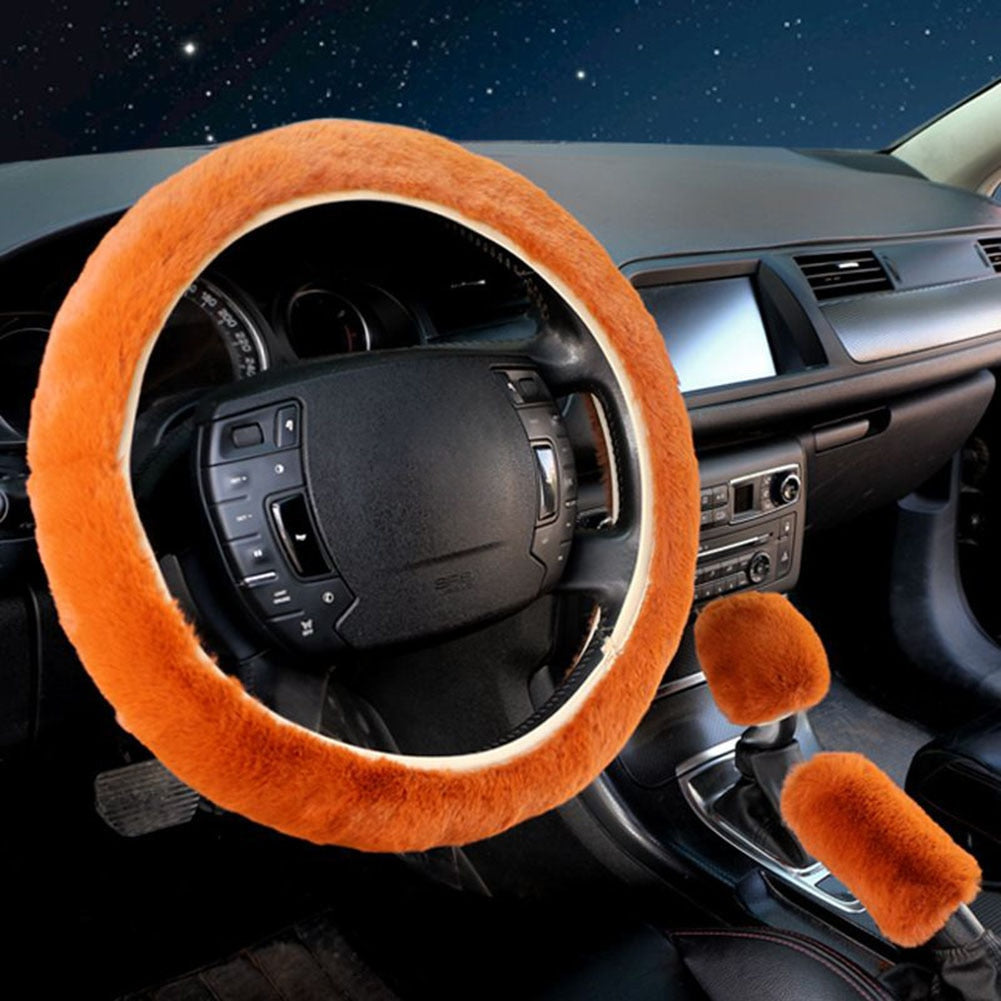 Universal Plush Car Steering Wheel Covers  Hand Brake & Amp Gear Cover Set Car 3 Piece Interior Accessories