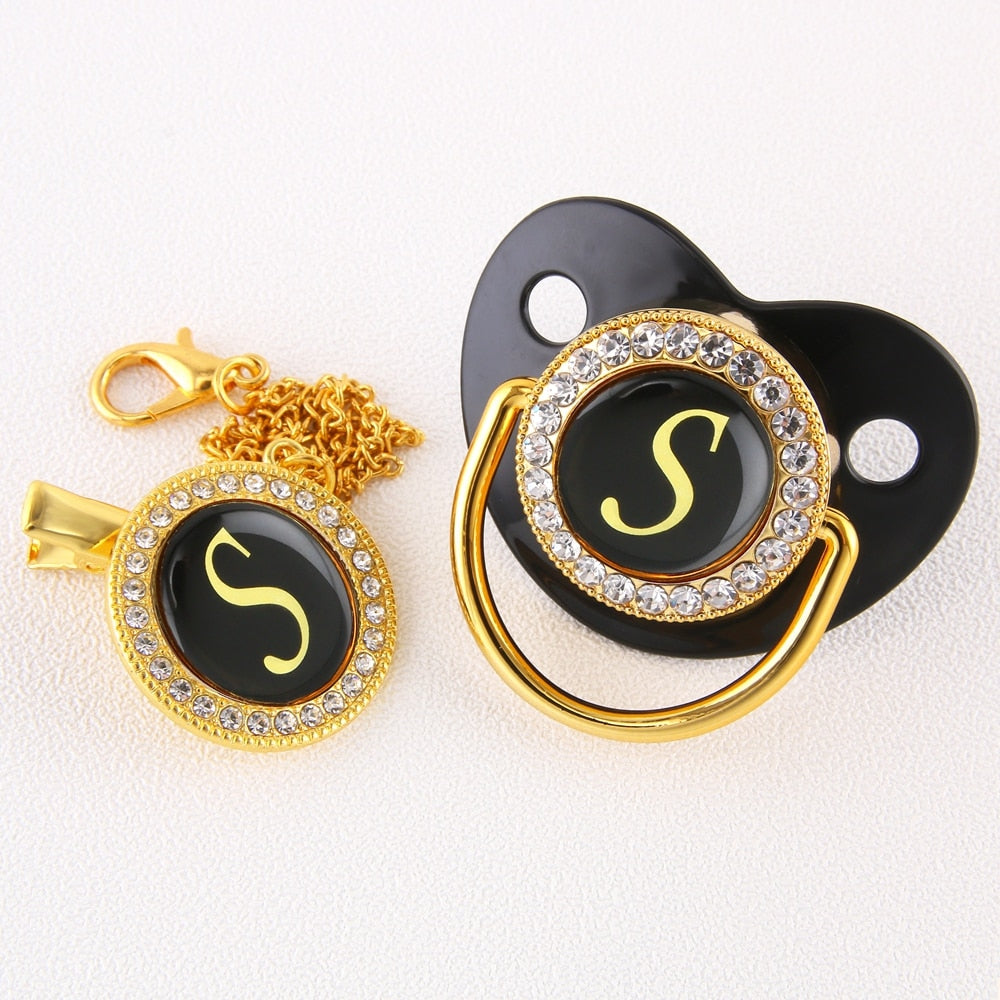 Baby Black Bling Pacifier With Clip Alphabet Letter Infant Pacifier Gold Letter Initials