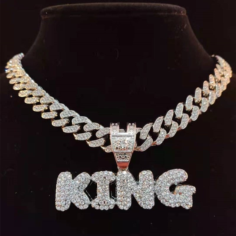 KING & QUEEN Necklace with 13mm Cuban Chain Iced Out Necklaces Jewelry