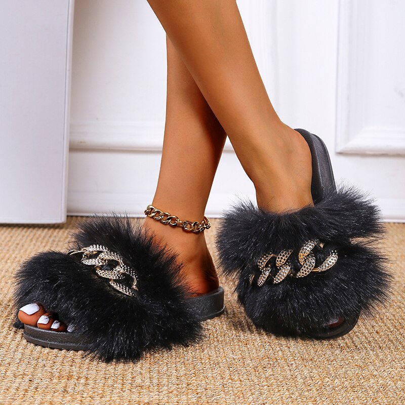 Casual Fashion Slides Soft Fur With Chain Womens Shoes