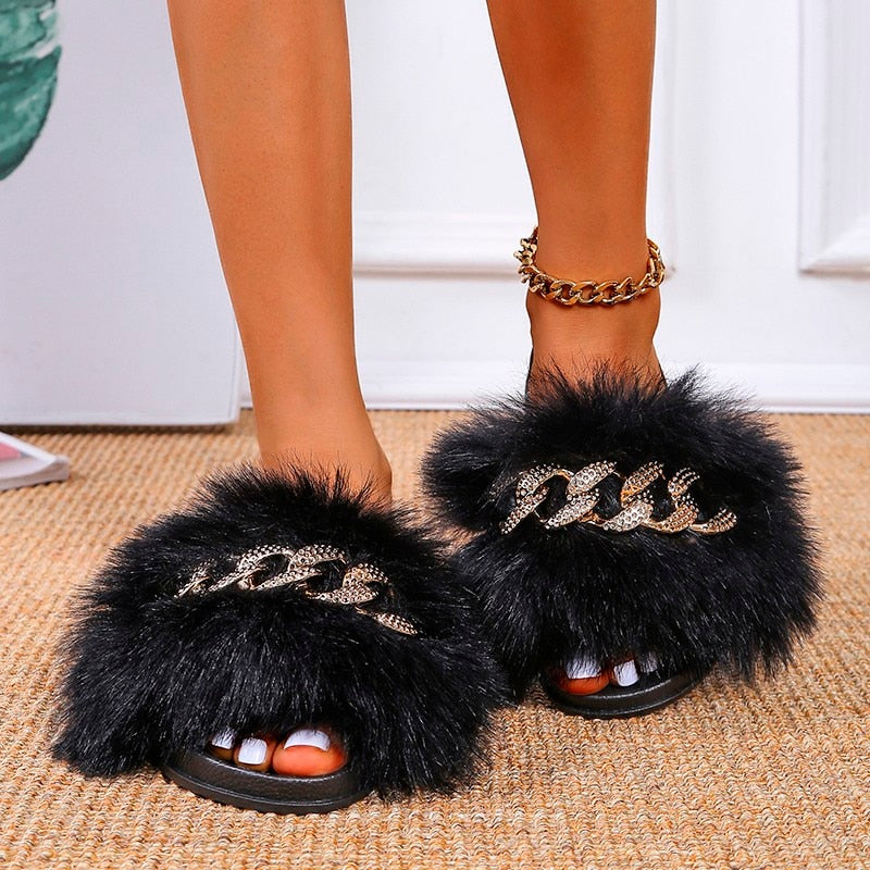 Casual Fashion Slides Soft Fur With Chain Womens Shoes