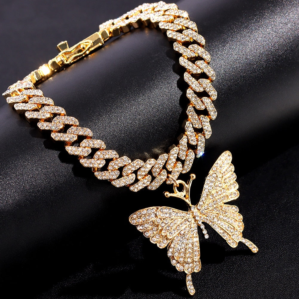 Butterfly Bling Iced Out Cuban Chain Anklet Butterfly Pendant Ankle Bracelet Jewelry