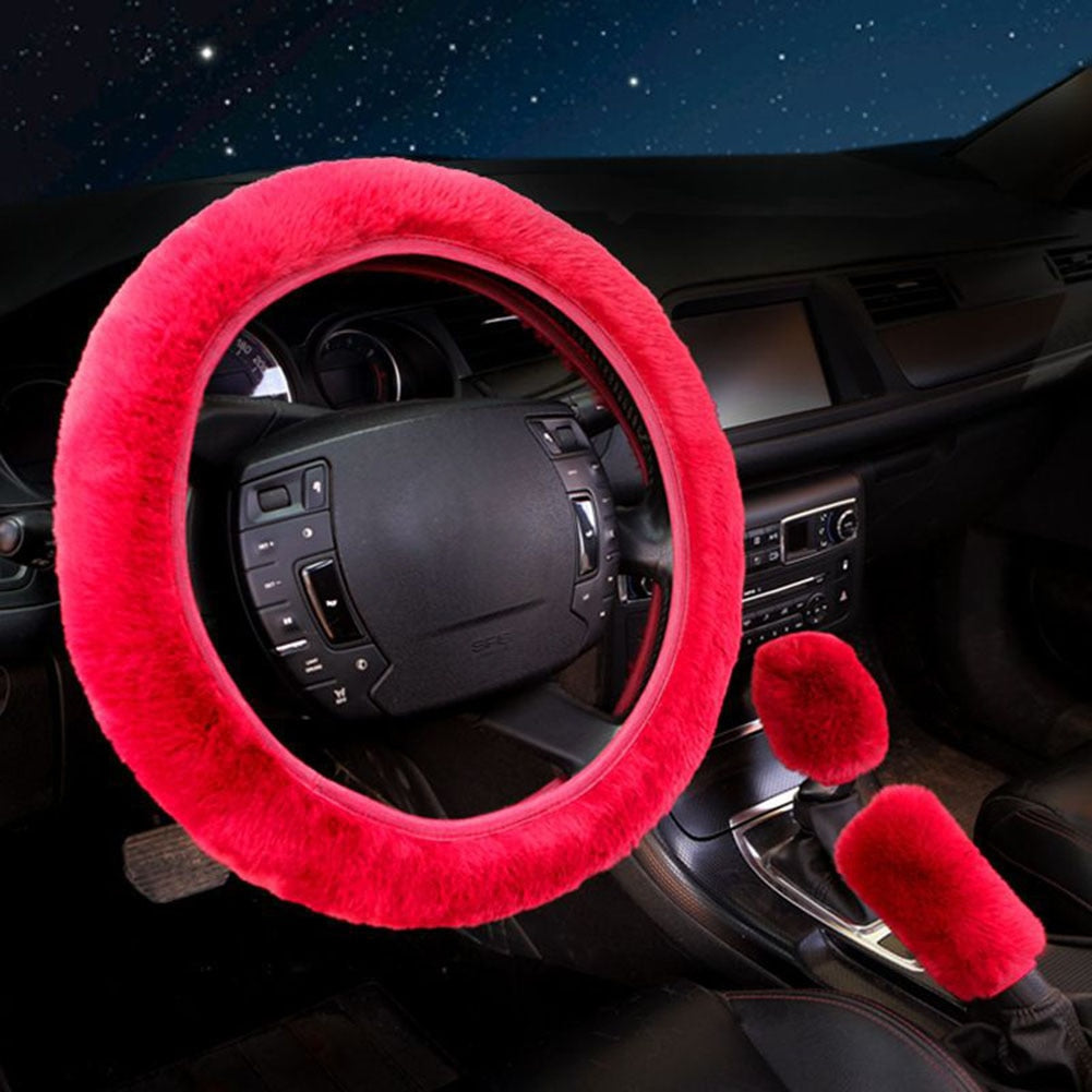 Universal Plush Car Steering Wheel Covers  Hand Brake & Amp Gear Cover Set Car 3 Piece Interior Accessories